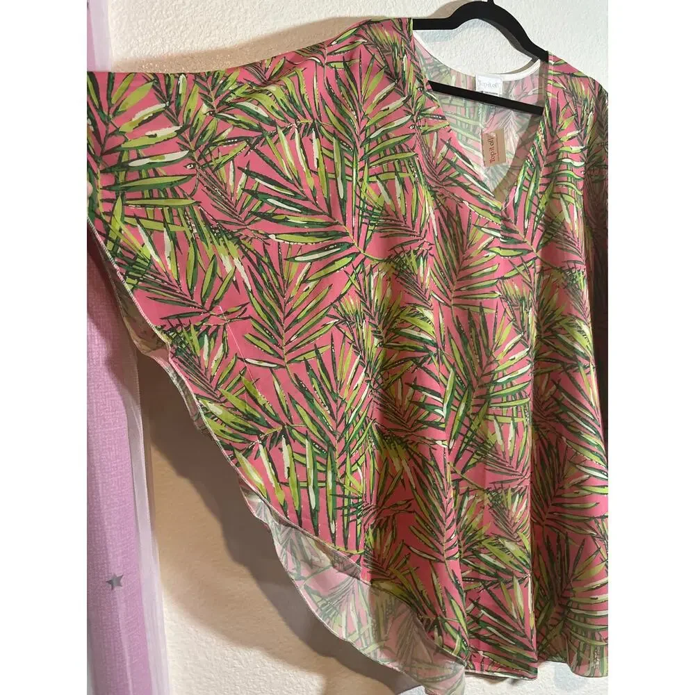 Top it Off NWT One Size Pink Green Palm Frond V-Neck Swimsuit Tropical Cover-Up